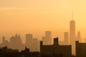 downtown manhattan orange sky