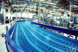 Close up of conveyor belt in bottling plant