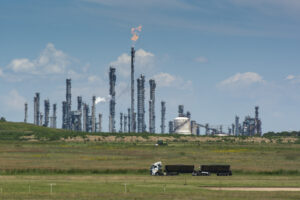 Flames rise from the flare stack towers in South Africa