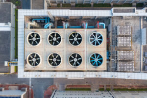 Close-up of exhaust fan on factory roof