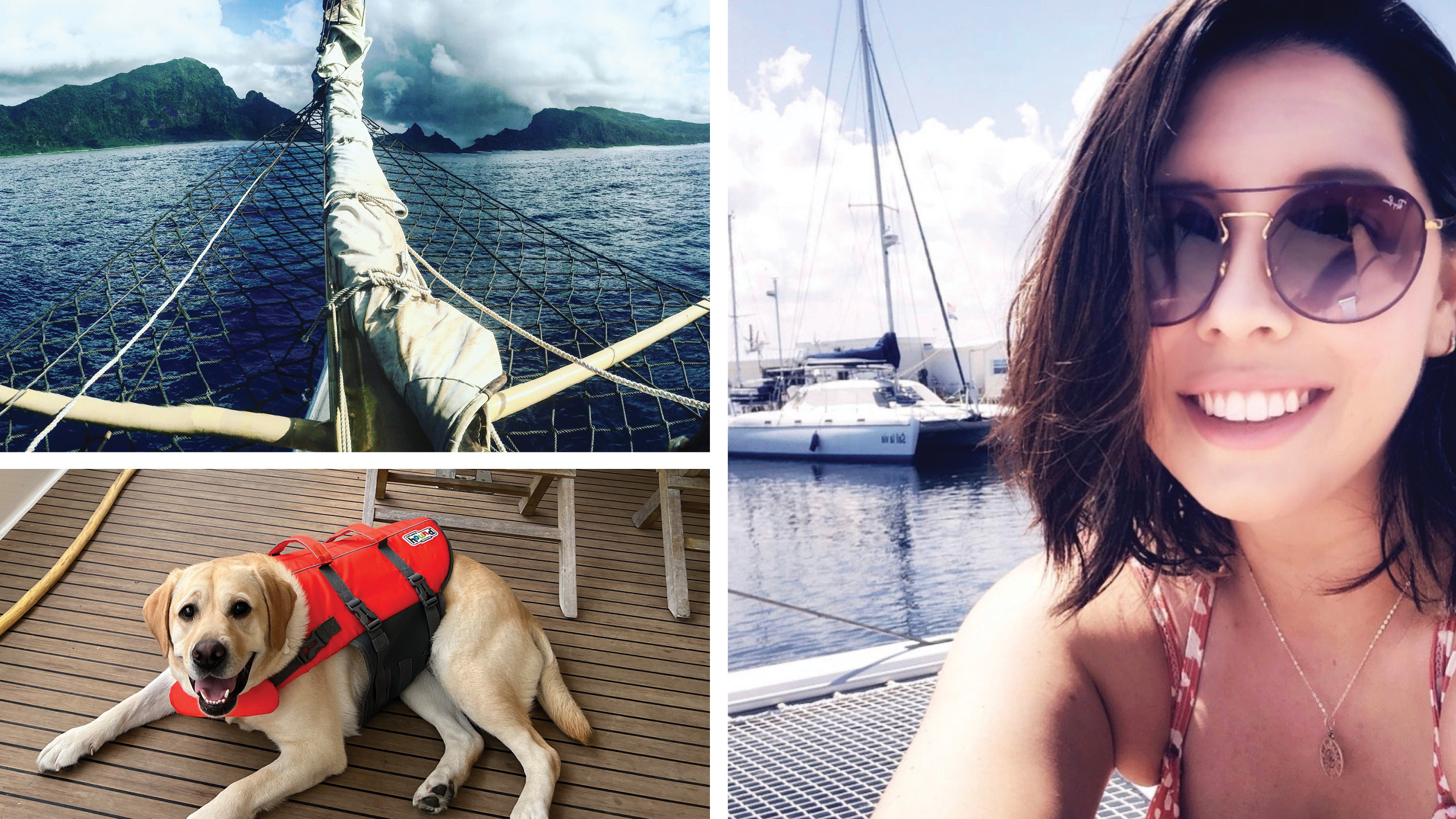 A photo collage of Nikki Caspers, her boat, and her dog