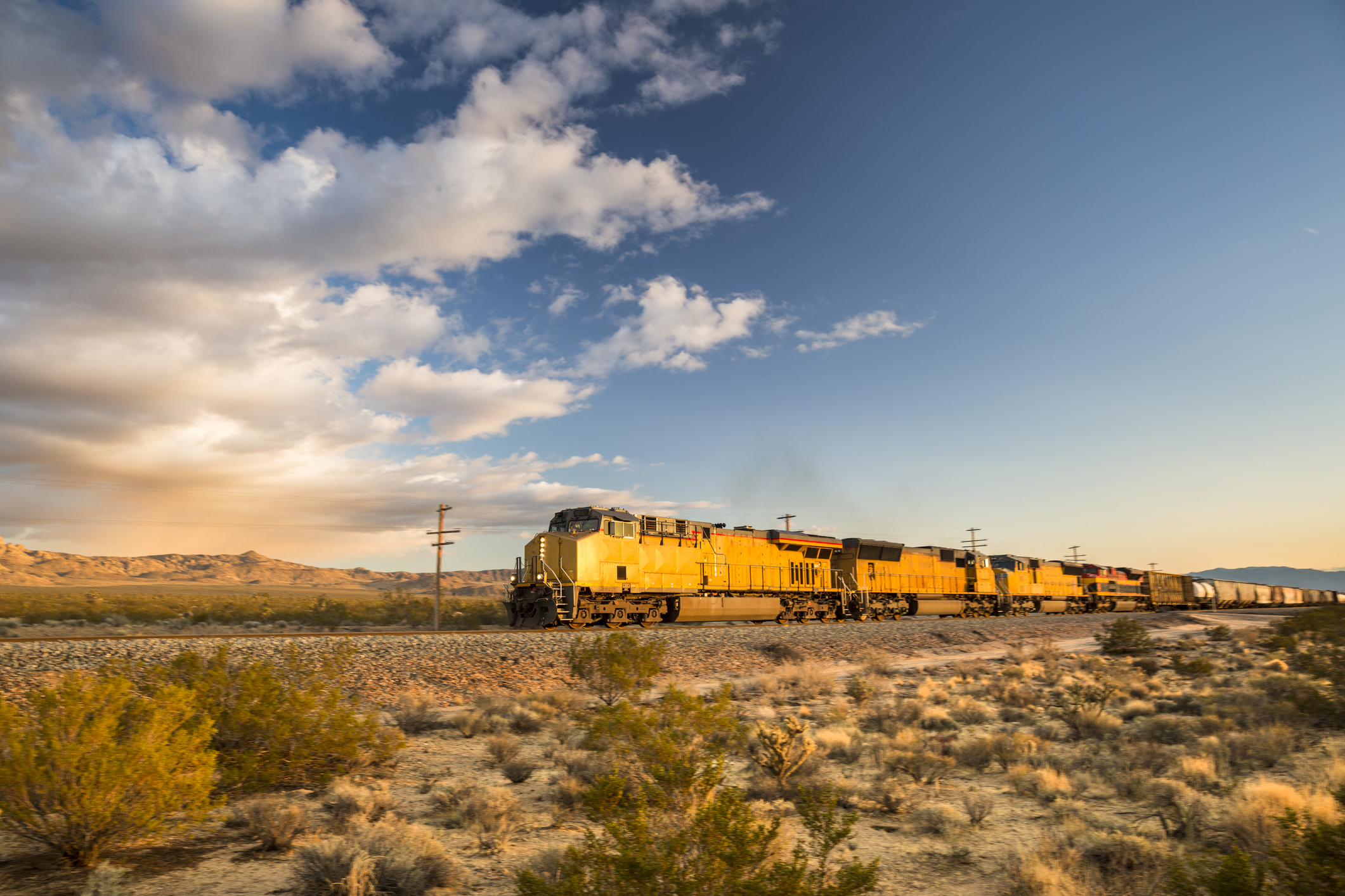 Cargo train rolls through the desert