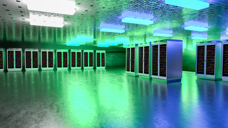 Servers. Servers room data center. Backup, mining, hosting, mainframe, farm and computer rack with storage information. 3d rendering