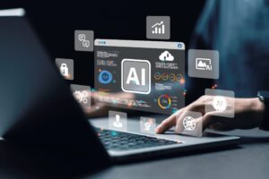 Person typing with AI symbols