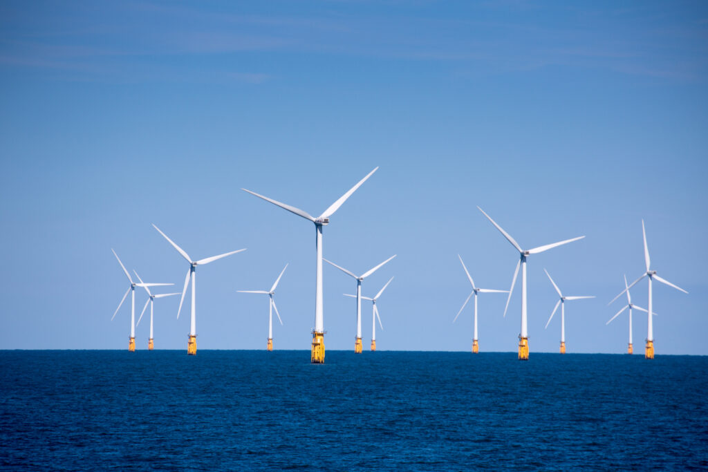 Wind turbines at London Array offshore wind park, North Sea, near England, United Kingdom.