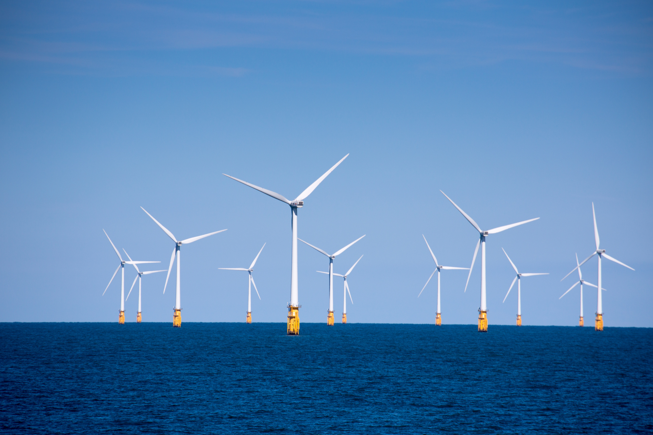 Wind turbines at London Array offshore wind park, North Sea, near England, United Kingdom.