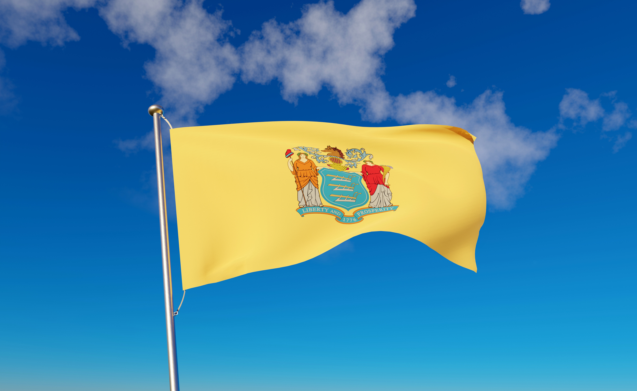 New Jersey Flag with blue sky background