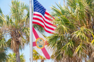 American Flag and Florida Flag between Palm Trees